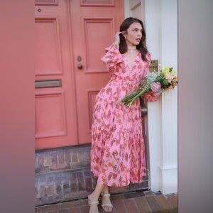 NWT $895 A.L.C. Annie Tiered Printed Silk-Crepon Maxi Dress in Rosa Multi